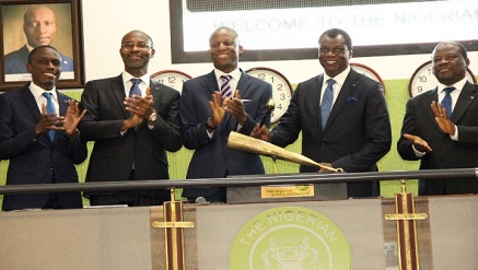 L – R: Mr. Kunle Ayodeji, Executive Director, Finance & Operations, Computer Warehouse Group (CWG Plc); Mr. Phillip Obioha, Chief Operating Officer, CWG Plc; Mr. Ade Bajomo, Executive Director, Market Operations and Technology, NSE; Mr. Austin Okere, Chief Executive Officer, CWG Plc; and Mr. James Agada, Chief Technology Officer, CWG Plc at the Closing Gong Ceremony at the Nigerian Stock Exchange (NSE).
